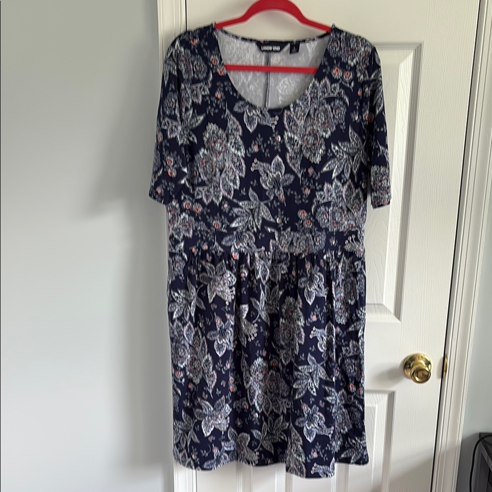 Lands' End Floral Paisley Short Sleeve Defined Waist Blue Dress Pockets Size L